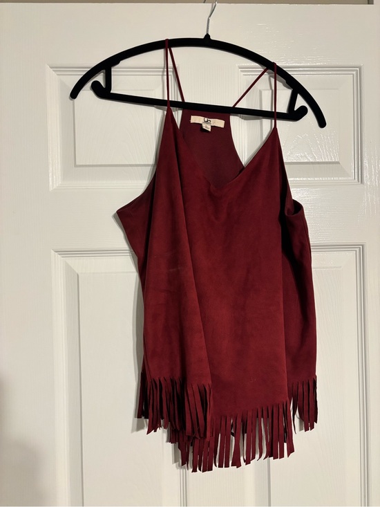 Tops - Fringe Hem Spaghetti Strap Top - Burgundy